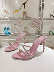 Rainbow Crystal Sandals - Yellow Pink Ankle Wrap High Heel Party Dress Shoes 95mm