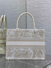 Diour Book Tote - Beige Embroidered Canvas (Medium)