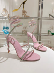 Rainbow Crystal Sandals - Yellow Pink Ankle Wrap High Heel Party Dress Shoes 95mm
