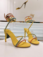 Rainbow Crystal Sandals - Yellow Pink Ankle Wrap High Heel Party Dress Shoes 95mm