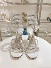 Rainbow Crystal Sandals - Yellow Pink Ankle Wrap High Heel Party Dress Shoes 95mm