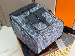 Diour Saddle Backpack with Flap - Navy Blue Oblique Jacquard