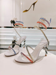 Rainbow Crystal Sandals - Yellow Pink Ankle Wrap High Heel Party Dress Shoes 95mm