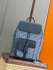 Diour Saddle Backpack with Flap - Navy Blue Oblique Jacquard
