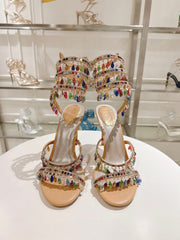 Rainbow Crystal Sandals - Yellow Pink Ankle Wrap High Heel Party Dress Shoes 95mm