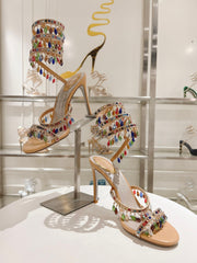 Rainbow Crystal Sandals - Yellow Pink Ankle Wrap High Heel Party Dress Shoes 95mm
