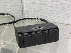 Small Soft Diour Caro Bag - Black Macrocannage Lambskin & Silver