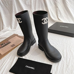 Chanl High Boots - CC Logo Knee-High Rubber Boots - Black