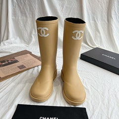 Chanl High Boots - CC Logo Knee-High Rubber Boots - Beige