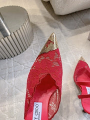 Jmmy Cho Faiz Lace Pumps with Metal Lace Detail - Red