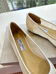 Jmmy Cho Lace & Leather Ballet Flats - White