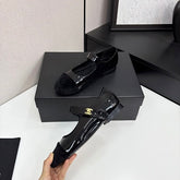 Chanl Calfskin & Patent Mary Jane Flats - All Black