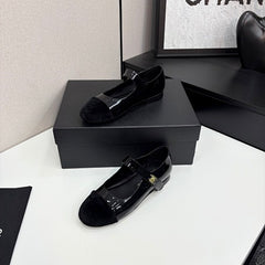 Chanl Calfskin & Patent Mary Jane Flats - All Black