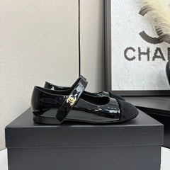 Chanl Calfskin & Patent Mary Jane Flats - All Black