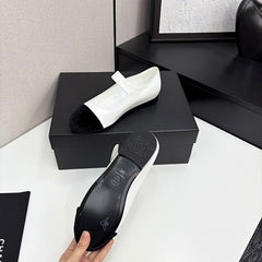 Chanl Calfskin & Patent Mary Jane Flats - White & Black