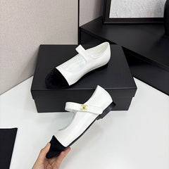Chanl Calfskin & Patent Mary Jane Flats - White & Black