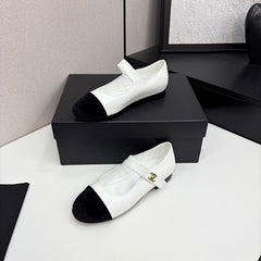 Chanl Calfskin & Patent Mary Jane Flats - White & Black