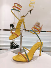Rainbow Crystal Sandals - Yellow Pink Ankle Wrap High Heel Party Dress Shoes 95mm