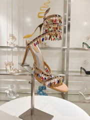 Rainbow Crystal Sandals - Yellow Pink Ankle Wrap High Heel Party Dress Shoes 95mm