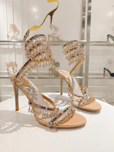 Rainbow Crystal Sandals - Yellow Pink Ankle Wrap High Heel Party Dress Shoes 95mm