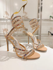 Rainbow Crystal Sandals - Yellow Pink Ankle Wrap High Heel Party Dress Shoes 95mm