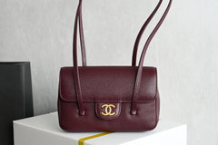 Chanl Preppy Coco Bowling Bag - Burgundy & Gold Hardware