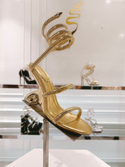 Rainbow Crystal Sandals - Yellow Pink Ankle Wrap High Heel Party Dress Shoes 95mm