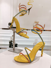Rainbow Crystal Sandals - Yellow Pink Ankle Wrap High Heel Party Dress Shoes 95mm