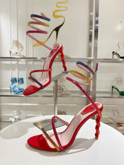 Rainbow Crystal Sandals - Yellow Pink Ankle Wrap High Heel Party Dress Shoes 95mm