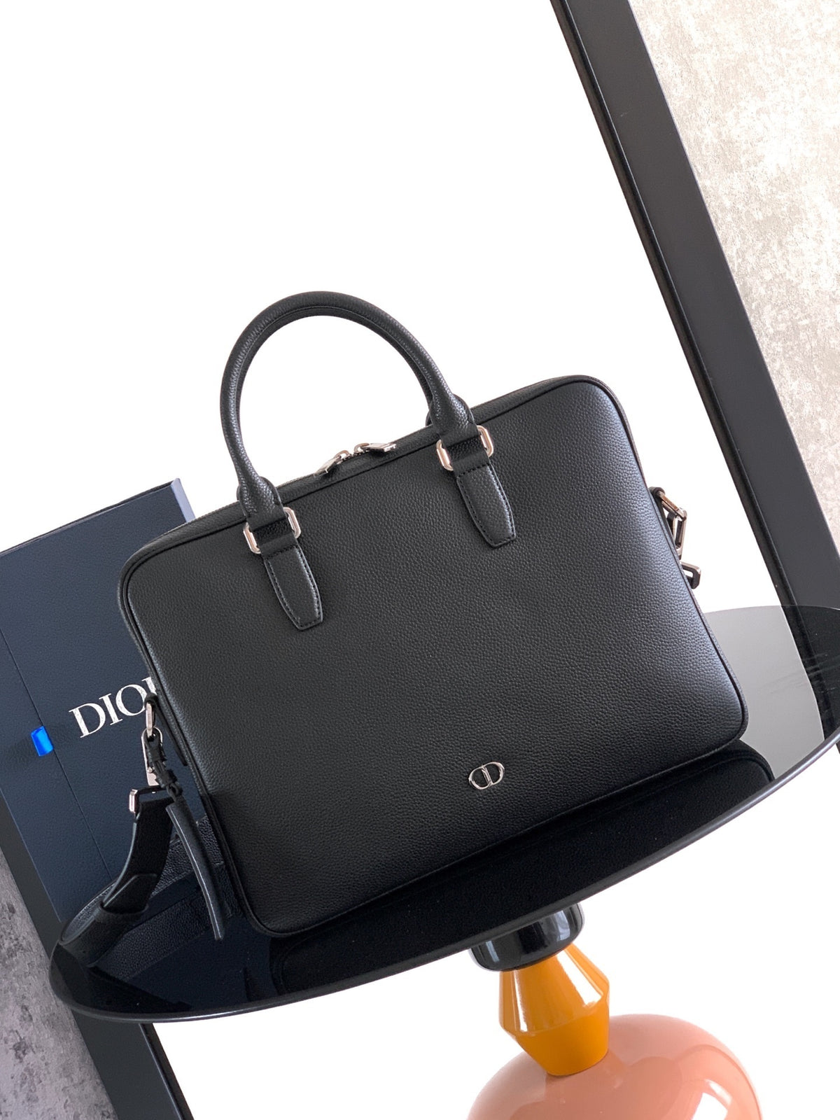Diour CD Icon Zipped Briefcase - Black Matte Grained Calfskin