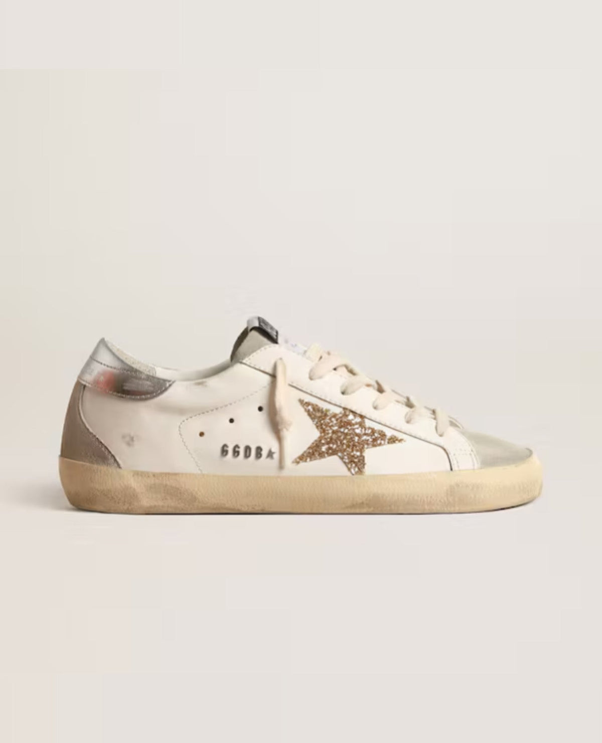 Golden Goose Women's Super-Star with gold glitter star and ice-gray suede inserts