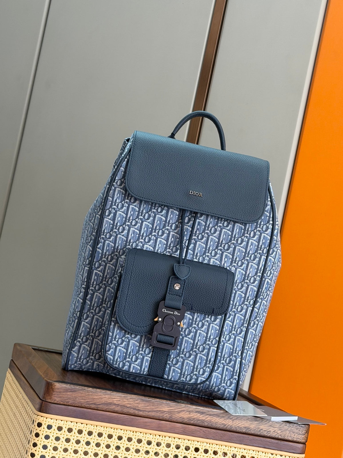 Diour Saddle Backpack with Flap - Navy Blue Oblique Jacquard