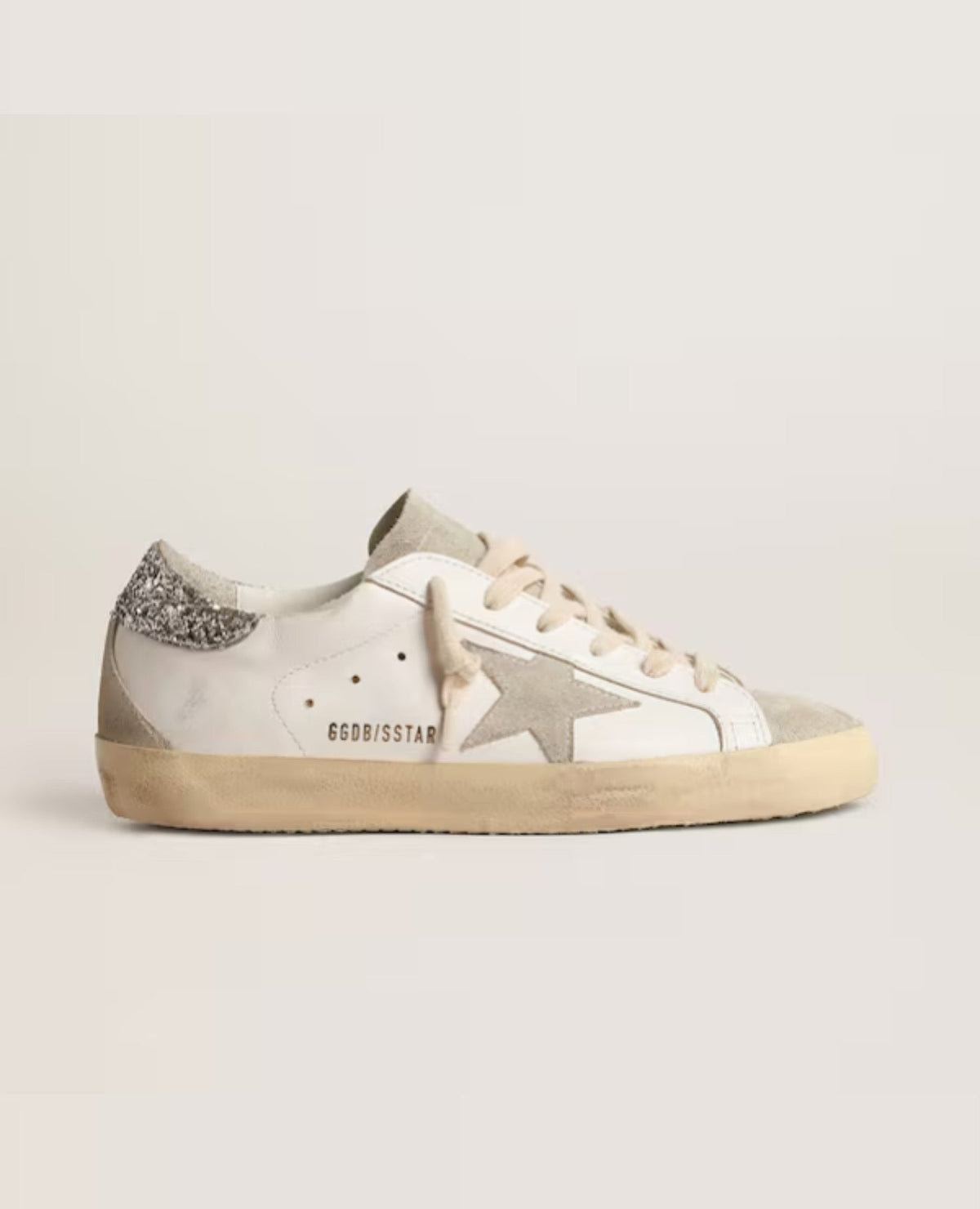 Golden Goose Women's Super-Star with gold glitter star and ice-gray suede inserts