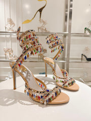 Rainbow Crystal Sandals - Yellow Pink Ankle Wrap High Heel Party Dress Shoes 95mm