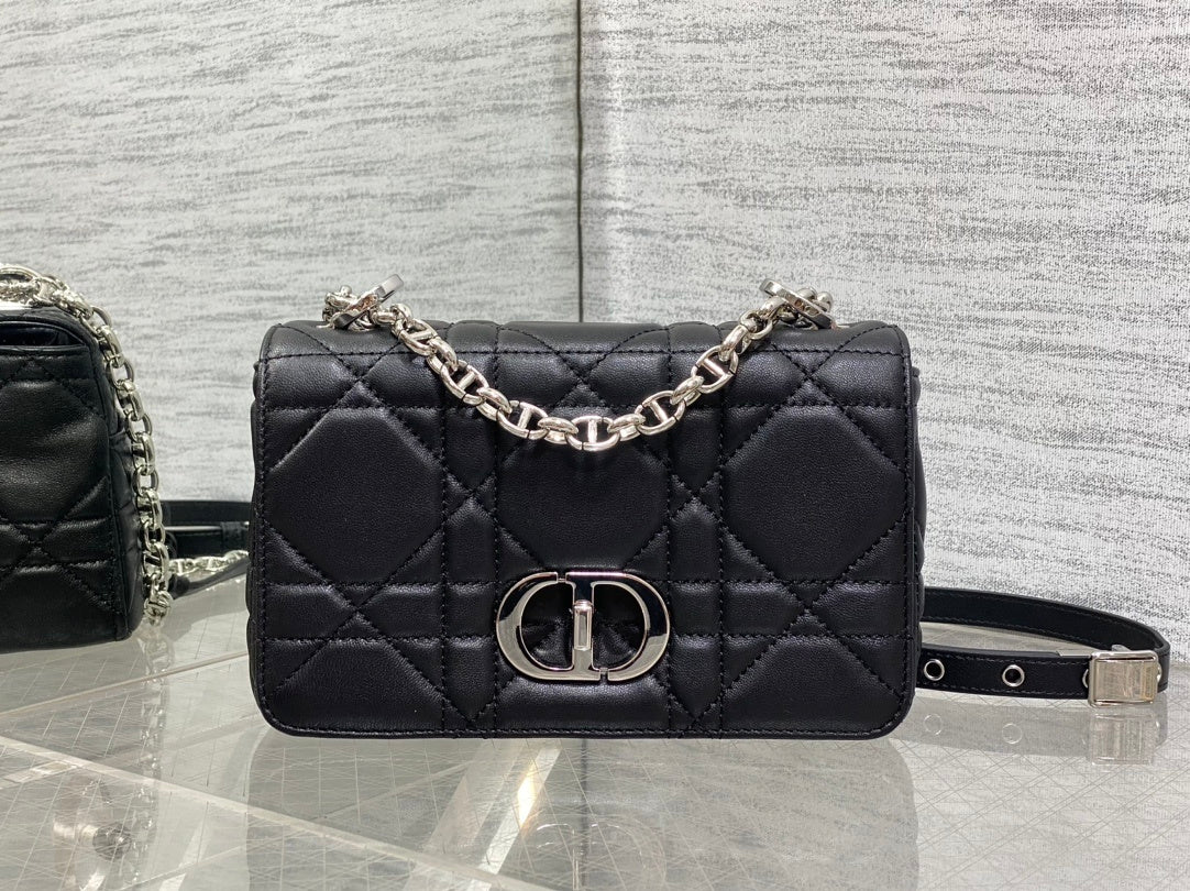 Small Soft Diour Caro Bag - Black Macrocannage Lambskin & Silver