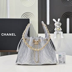 Chanl 26C Mini Drawstring Bag - Grey Quilted Lambskin