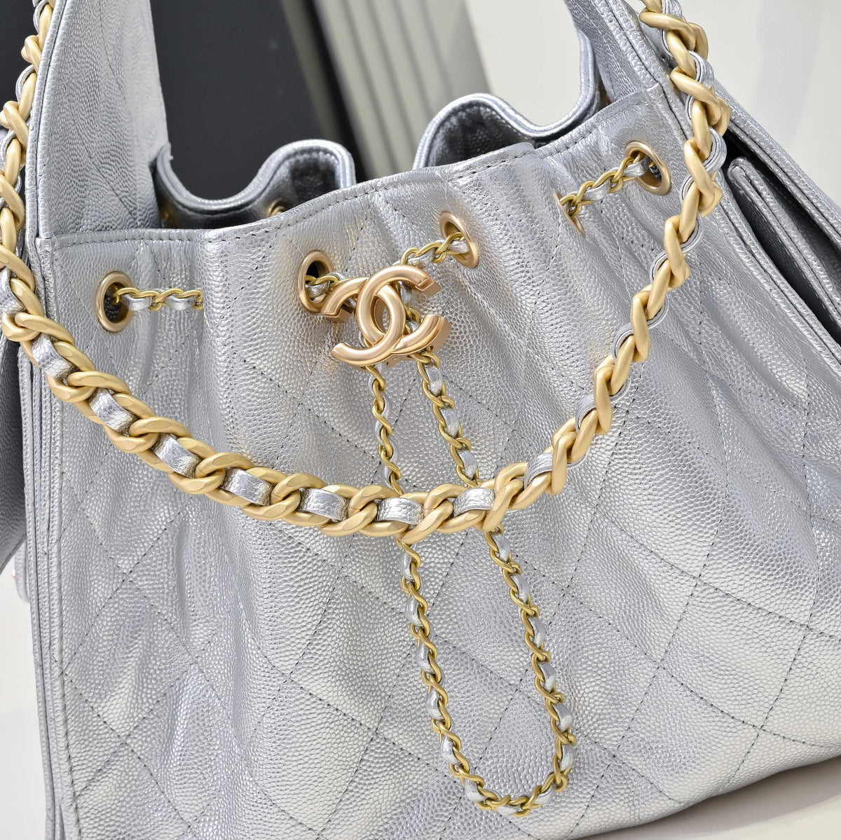 Chanl 26C Mini Drawstring Bag - Grey Quilted Lambskin