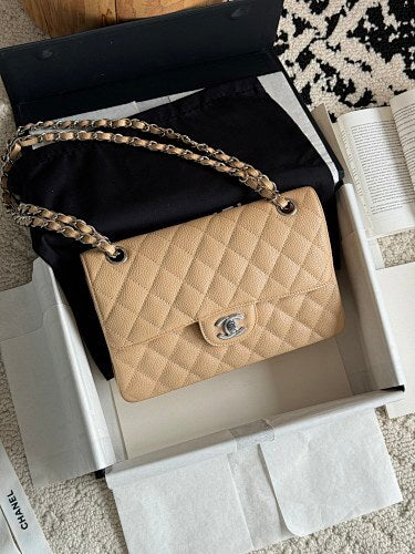 Chanl Classic Double Flap Bag - Beige & Silver Hardware