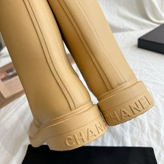 Chanl High Boots - CC Logo Knee-High Rubber Boots - Beige