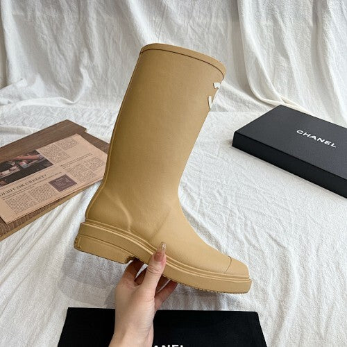 Chanl High Boots - CC Logo Knee-High Rubber Boots - Beige