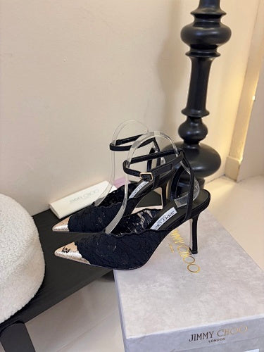 Jmmy Cho Faiz Lace Pumps with Metal Lace Detail - Black