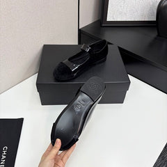 Chanl Calfskin & Patent Mary Jane Flats - All Black