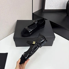 Chanl Calfskin & Patent Mary Jane Flats - All Black