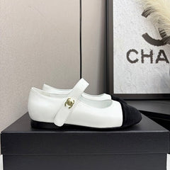 Chanl Calfskin & Patent Mary Jane Flats - White & Black
