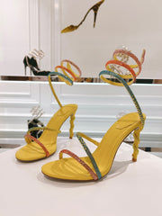 Rainbow Crystal Sandals - Yellow Pink Ankle Wrap High Heel Party Dress Shoes 95mm