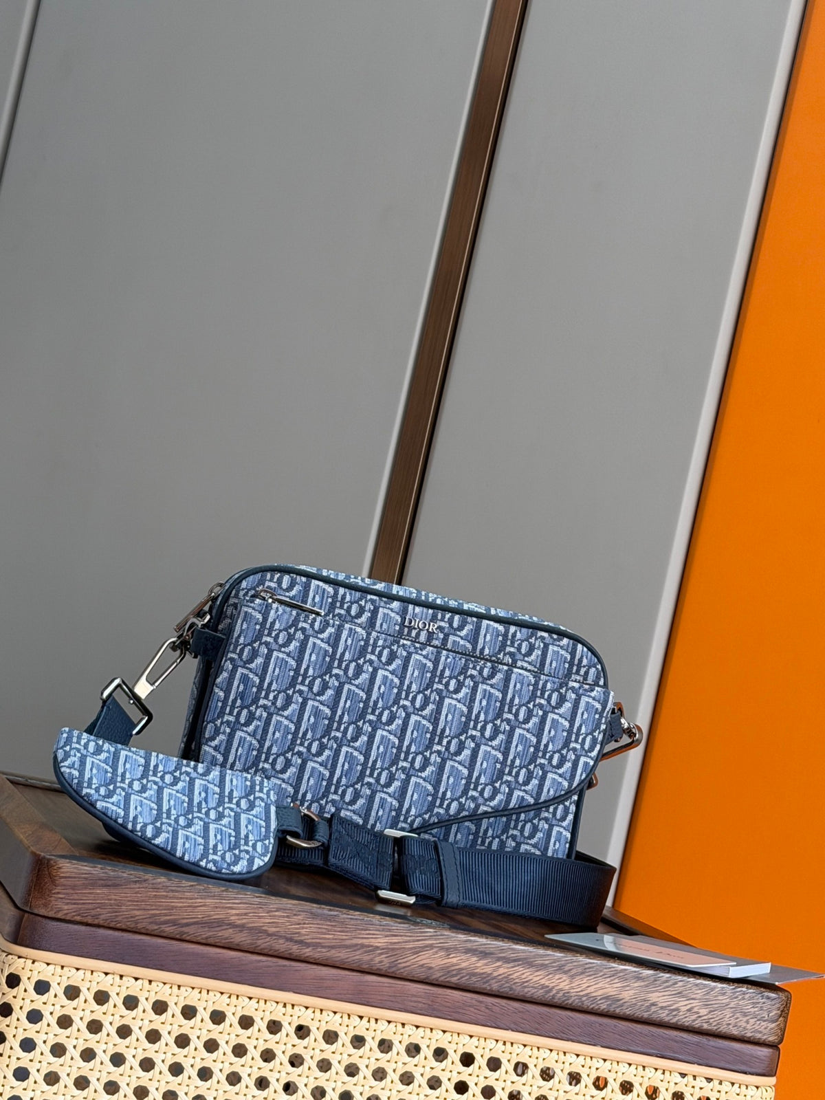 Diour Saddle Triple Pouch - Navy Blue Oblique Jacquard