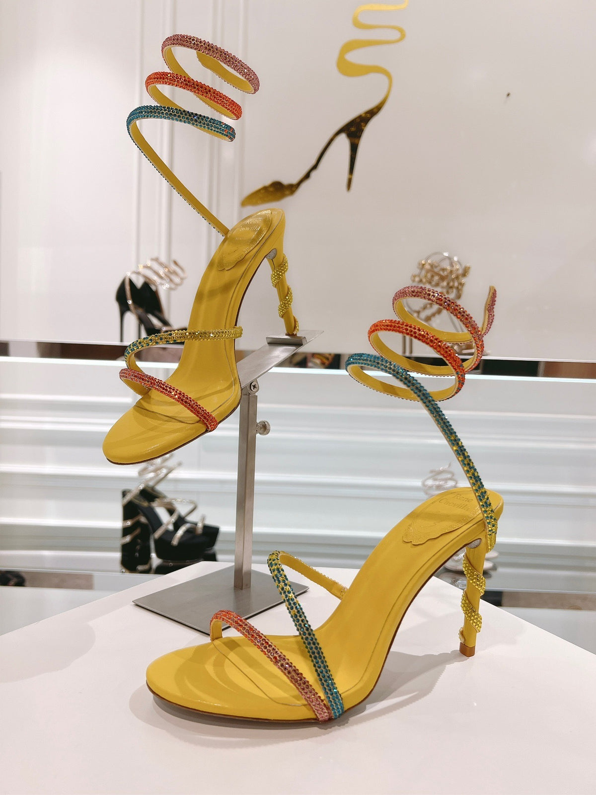 Rainbow Crystal Sandals - Yellow Pink Ankle Wrap High Heel Party Dress Shoes 95mm