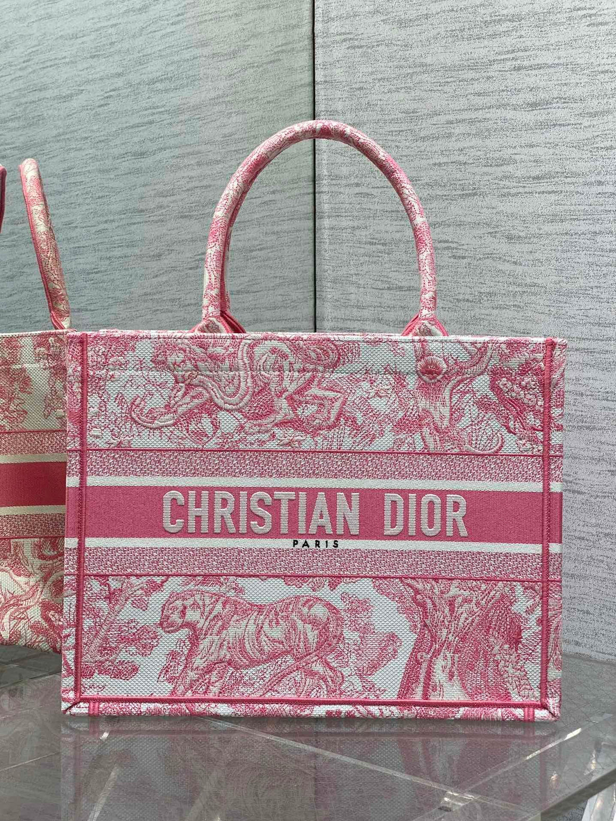 Diour Book Tote - Pink Embroidered Canvas (Medium)