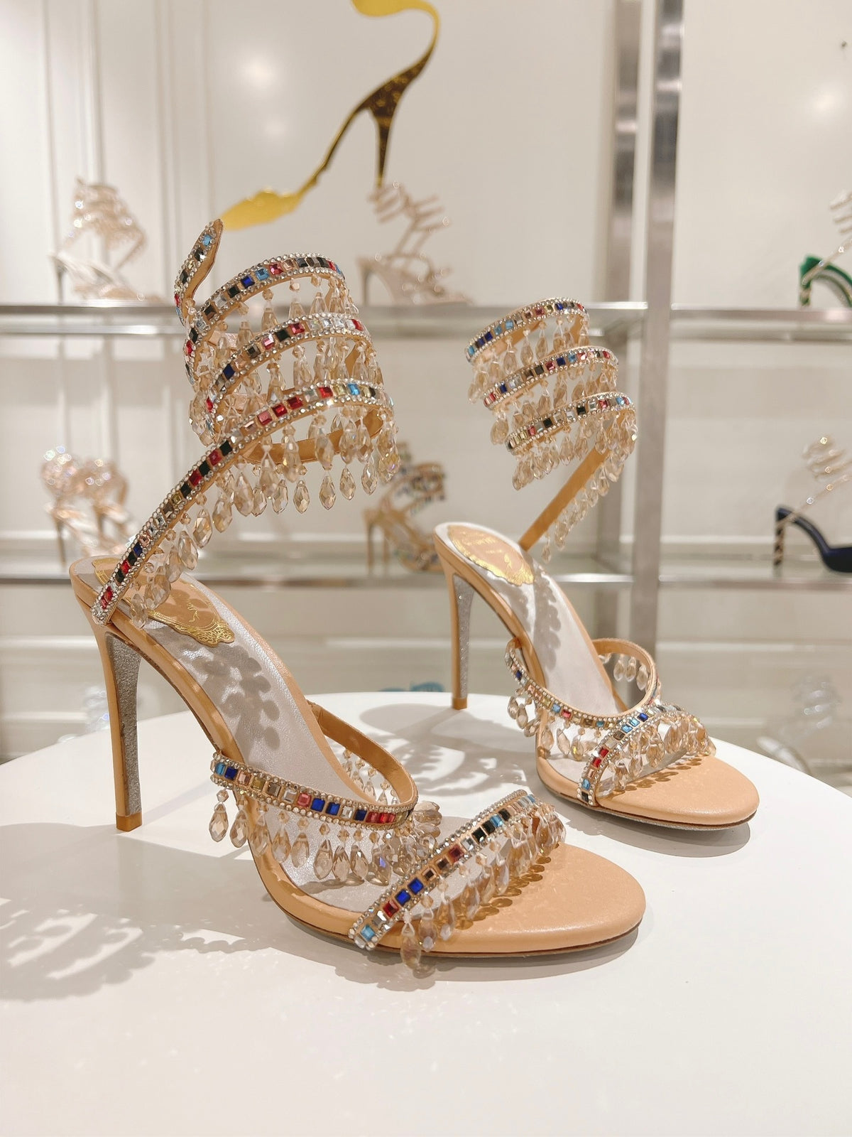 Rainbow Crystal Sandals - Yellow Pink Ankle Wrap High Heel Party Dress Shoes 95mm
