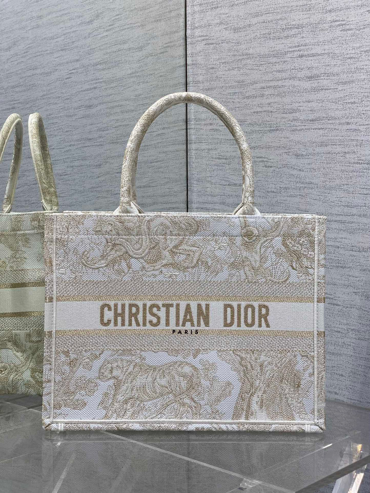 Diour Book Tote - Beige Embroidered Canvas (Medium)